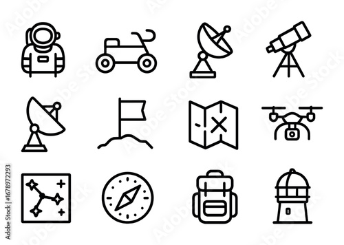 Space Exploration Icons. Outline icon set of space exploration: astronaut icon, rover wheels, satellite dish,