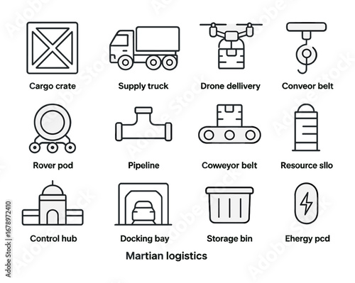 Martian Logistics Icons. Outline icon set of Martian logistics: cargo crate, supply truck, drone delivery,
