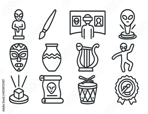 Martian Arts Icon Grid. Outline icon set of Martian arts: sculpture icon, paintbrush, VR gallery, hologram