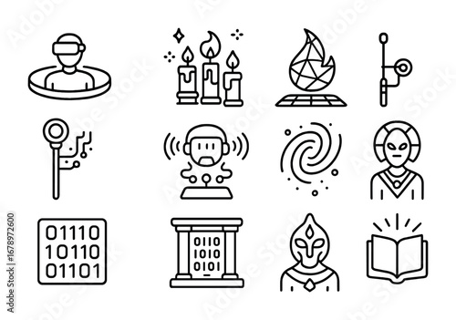 Cyber Ritual Icon Set. Outline icon set of cyber rituals: VR circle, neon candles, hologram flame, digital
