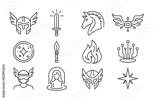 Cyber Valkyrie Icons. Outline icon set of cyber Valkyries: winged helmet, glowing sword, neon horse, AI wings,