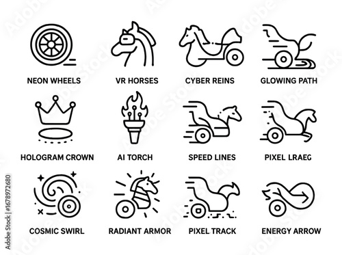 Digital Chariot Icons. Outline icon set of digital chariots: neon wheels, VR horses, cyber reins, glowing path