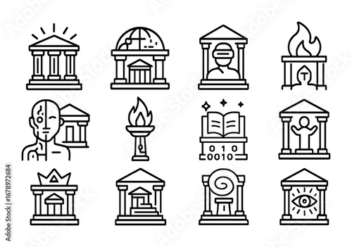 Techno Temple Icons. Outline icon set of techno temples: neon pillars, digital dome, VR altar, glowing flame,