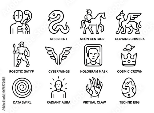 Mythic Bio-Robot Icons. Outline icon set of mythic bio-robots: hybrid avatar, AI serpent, neon centaur,