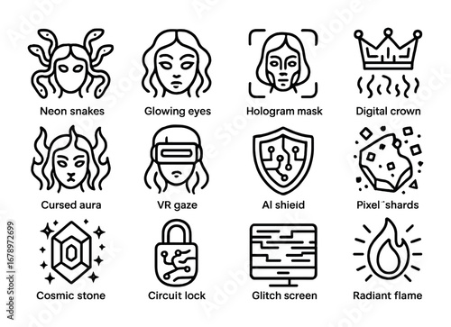 Cyber Medusa Icon Set. Outline icon set of cyber Medusa: neon snakes, glowing eyes, hologram mask, digital