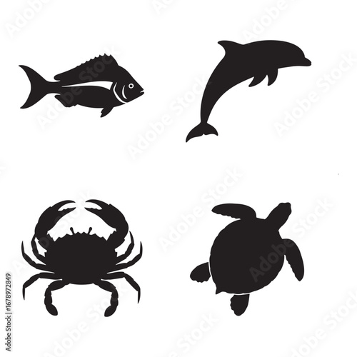 Marine Life Silhouettes on White Background Featuring a Fish Dolphin Crab and Turtle Depicting Ocean Biodiversity Conservation and Underwater World Wonders