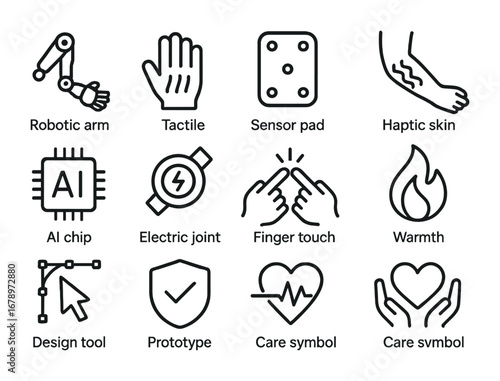 Intimacy Prosthetics Icons. Outline icon set of intimacy prosthetics: robotic arm, tactile glove, sensor pad,