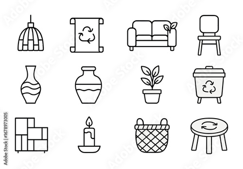 Eco-Friendly Interior Icons. Outline icon set of sustainable interiors: bamboo lamp, recycled rug, eco sofa,