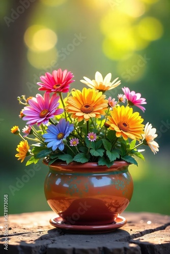 Wallpaper Mural Overflowing Ceramic Pot of Vibrant Flowers Bathed in Sunshine, Evoking Joy and Contentment Torontodigital.ca