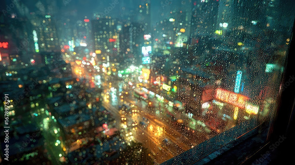 Obraz premium Night city view through rain-streaked window
