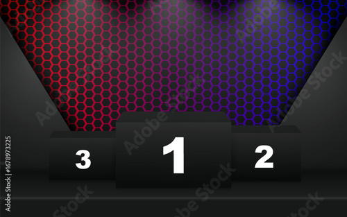 Winner's podium with spotlights in the background. Stage for an awards ceremony. Empty spotlight base. 3D rendering of geometric shapes. Award competition.