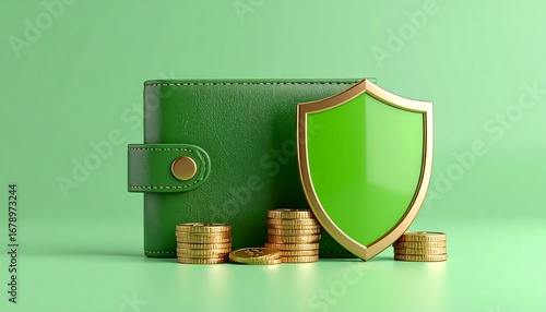 Wallet with shield and coins on green background