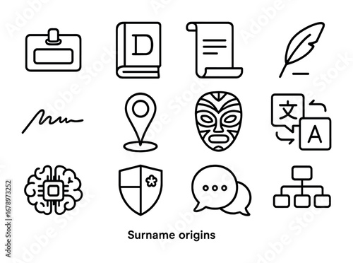 Surname Origins Icons. Outline icon set of surname origins: name tag, dictionary book, scroll paper, feather