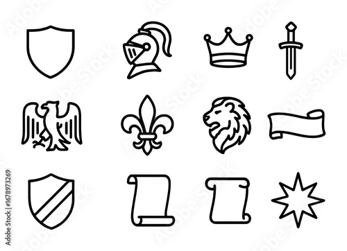 Heraldic Icon Collection. Outline icon set of heraldry and family crests: shield icon, knight helmet, crown