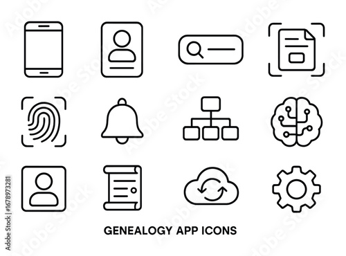 Genealogy App Icon Set. Outline icon set of genealogy apps: mobile phone, profile app, search bar, document