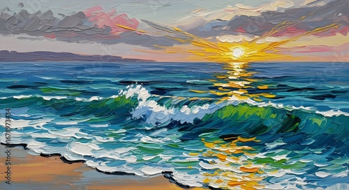 Vibrant ocean sunset with breaking waves on sandy beach.