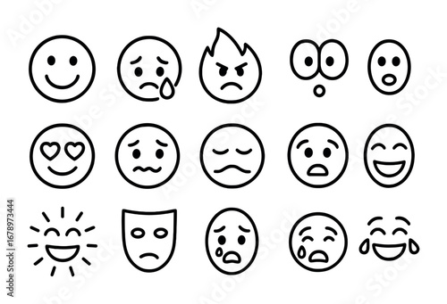 Emotional Avatar Icons. Outline icon set of emotional avatars: smiley face, sad tear, angry flame, surprised