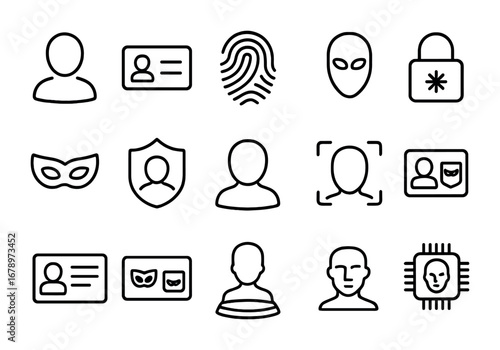 Virtual Identity Icons. Outline icon set of virtual identity: profile avatar, username tag, fingerprint,