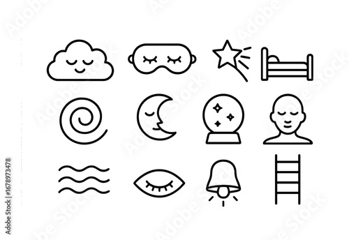 Dream Icon Set. Outline icon set of avatar dreams: dream cloud, sleeping mask, shooting star, bed icon,