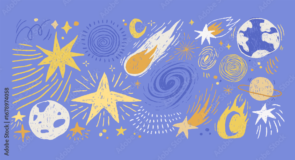 Naklejka premium Kid drawn crayon space doodles with planets, stars, comets, moon, galaxy swirls on blue background. Playful cosmic chalk illustration for posters or creative projects.