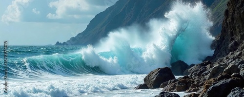 Powerful ocean waves crashing against a rocky shore, sea spray filling the air, dramatic natural beauty The immense power of nature on full display , natural beauty, landscape, untamed