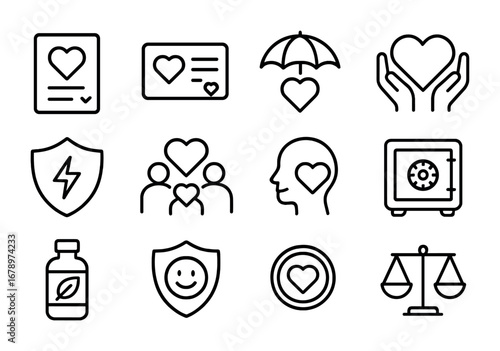 Emotional Insurance Icons. Outline icon set of emotional insurance: peace-of-mind policy, comfort card, trust