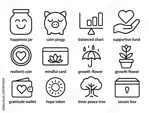 Well-being Savings Icons. Outline icon set of well-being savings: happiness jar, calm piggy, balanced chart,