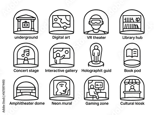 Underground Culture Icons. Outline icon set of culture in underground smart cities: underground museum,