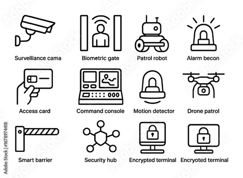 Underground Security Icons. Outline icon set of security in underground cities: surveillance camera, biometric