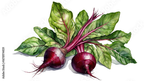 Vibrant Beetroot Duo: A captivating watercolor painting showcasing two fresh beetroots, complete with lush green leaves and intricate details. Evokes feelings of health and natural goodness.