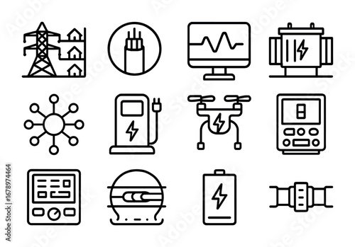 Underground Energy Icon Set. Outline icon set of energy distribution underground: smart grid, power conduit,
