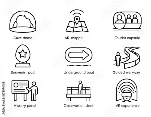 Underground Tourism Icons. Outline icon set of underground tourism: cave dome, holographic guide, AR map,