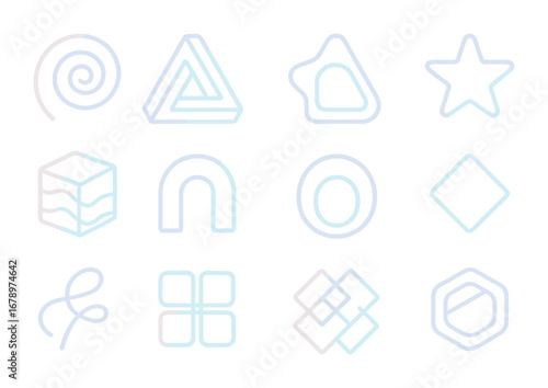 Pastel Illusion Icons. Outline icon set of pastel illusions: infinite spiral, soft triangle, wavy cube, star