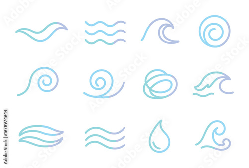 Pastel Waves Icons. Outline icon set of pastel waves: flowing ribbon, wavy stripe, curved arc, ripple circle,
