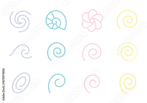Pastel Spiral Icons. Outline icon set of pastel spirals: galaxy swirl, seashell spiral, flower spiral,