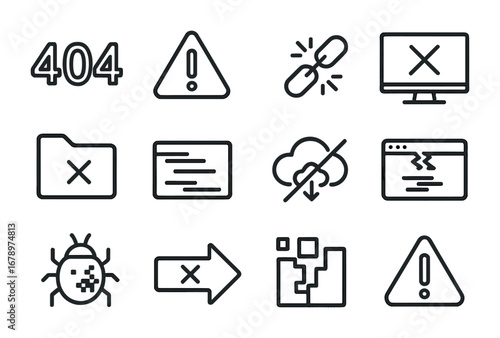 Error Screen Icons. Outline icon set of error screens: 404 code, warning triangle, broken link, crash icon,