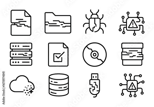 Data Corruption Icons. Outline icon set of data corruption: corrupted file, glitch folder, broken chip, pixel