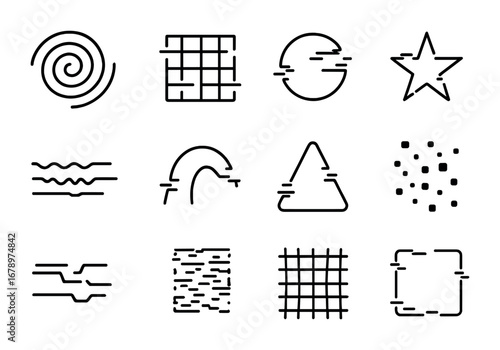 Abstract Glitch Icons. Outline icon set of abstract glitch: offset spiral, broken grid, distorted circle,