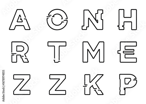 Glitch Typography Icons. Outline icon set of glitch typography: distorted A, broken O, pixelated S, offset N,