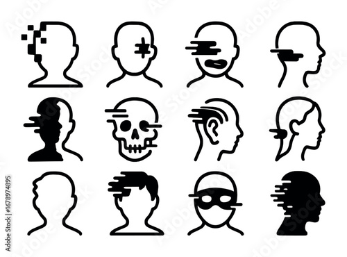 Glitch Portrait Icons. Outline icon set of glitch portraits: pixelated face, broken eye, distorted mouth,