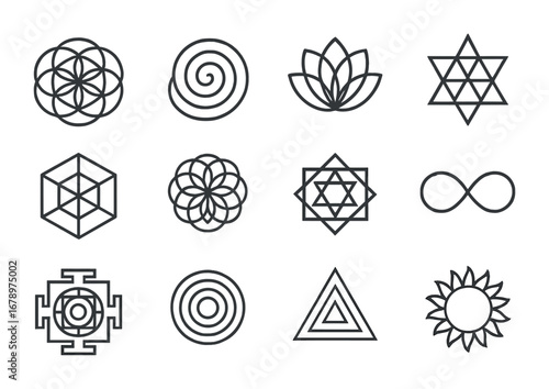 Sacred Fractal Icons. Outline icon set of sacred fractals: flower of life, mandala spiral, fractal lotus,