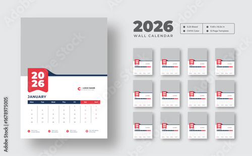 Monthly Wall calendar template for 2026 year | Editable 12-month planner | Week starts on Monday | Printable vector layout for corporate use