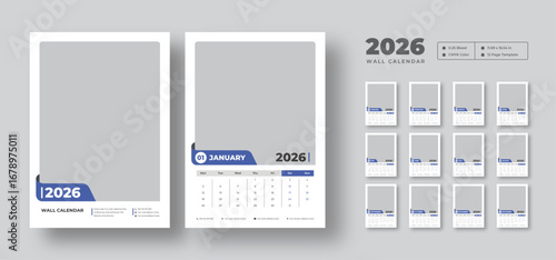 2026 wall calendar template | Editable 12-month planner | Week starts on Monday | Printable vector layout for office or home use