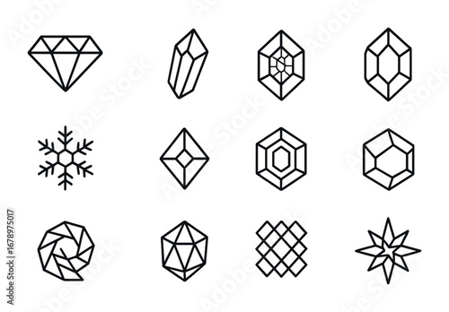 Crystalline Fractal Icons. Outline icon set of crystalline fractals: diamond lattice, crystal shard, fractal