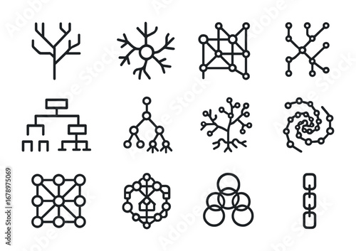 Fractal Network Icons. Outline icon set of fractal networks: branching circuit, neuron fractal, internet