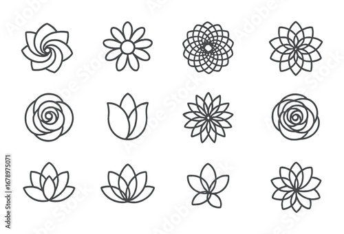 Fractal Flower Icons. Outline icon set of fractal flowers: lotus spiral, daisy fractal, sunflower seed spiral,