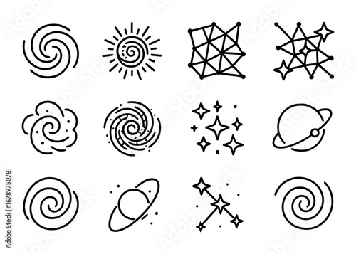 Fractal Universe Icons. Outline icon set of fractal universes: galaxy spiral, black hole fractal, cosmic web,