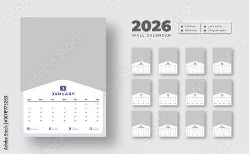 Corporate wall calendar template design for 2026 | 12-month vector planner with minimal layout | Week starts on Sunday | Ideal for office and business use