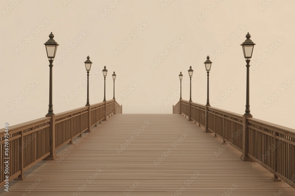 Fototapeta premium Misty pier bridge pathway lamps, tranquil scene