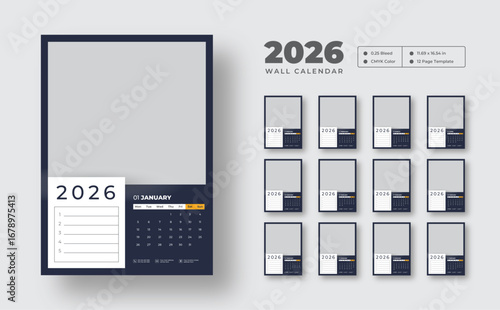 2026 monthly wall calendar design  | Week starts on Monday | Editable 12-page vector template | Clean wall planner for home or office